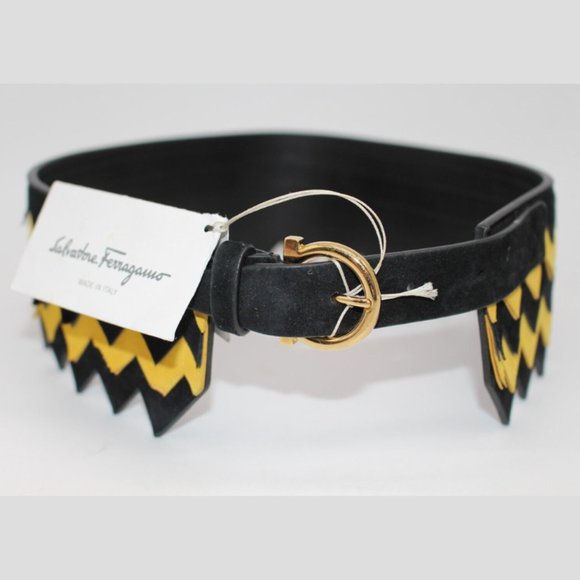 $725 Salvatore Ferragamo BLACK/YELLOW KID Leather Belt Size 65, 80 main image 7